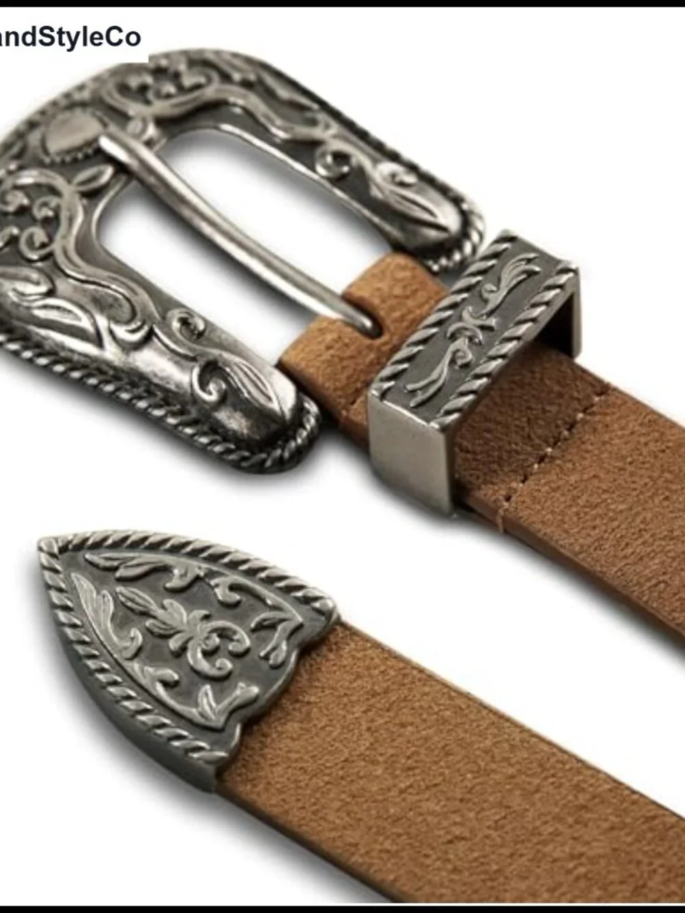Western Suede Leather Belt with Engraved Buckle Slim 1